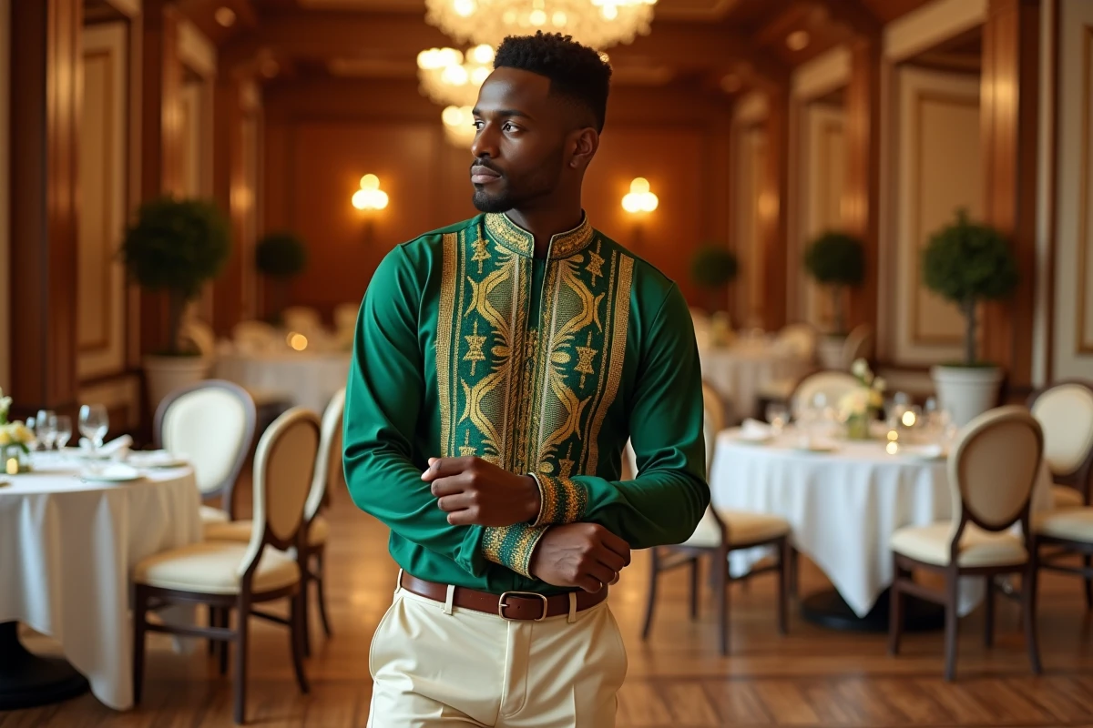 Invité élégant en chemise dashiki brodée verte et pantalon crème dans une salle de banquet décorée