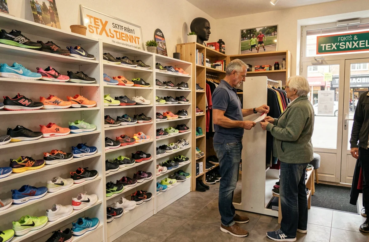 Intérieur de la boutique Tex Styl'Event à Saint-Etienne avec le gérant aidant un client à choisir des chaussures de sport sur des rayonnages organisés