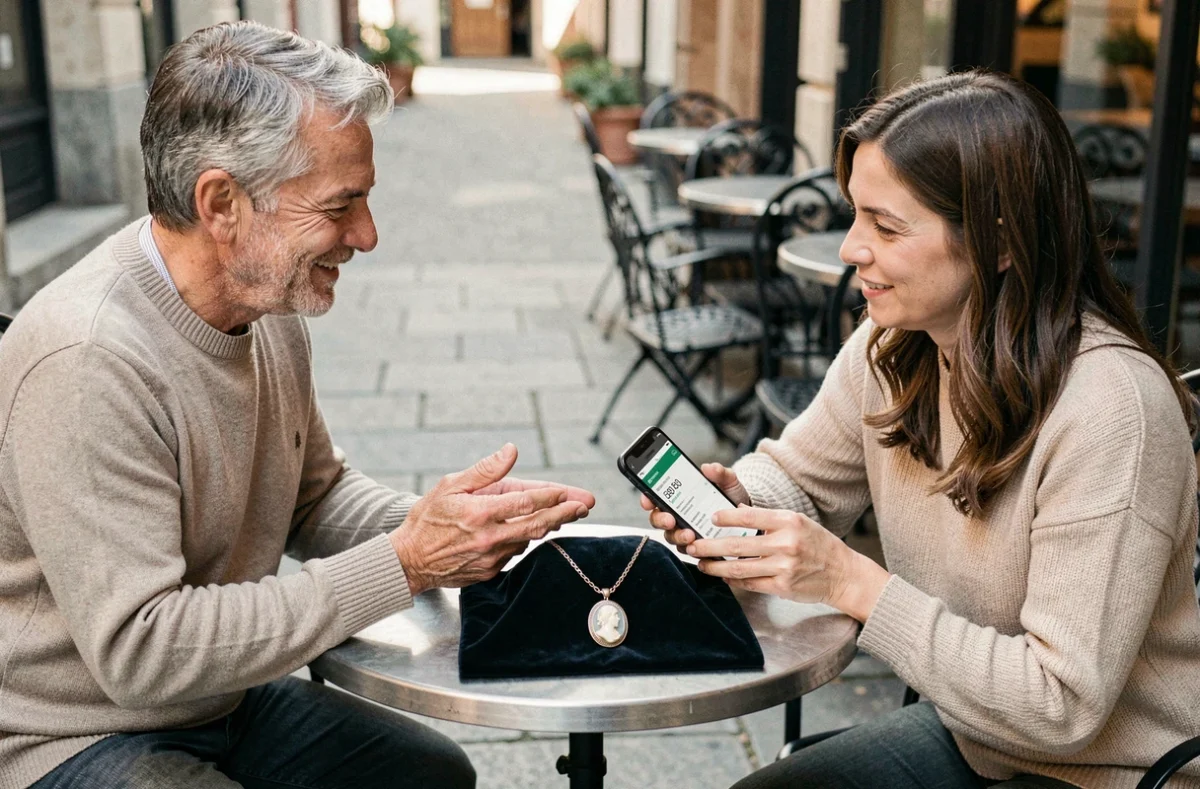 Deux particuliers négociant le prix d'un camée bijou autour d'une table de café en extérieur