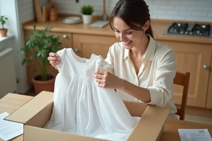 Mère examinant une robe de baptême bébé reçue en livraison, vérification de la qualité du tissu et des broderies