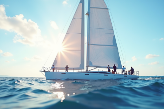 Voilier moderne avec voiles blanches sur l'eau bleue ensoleillée
